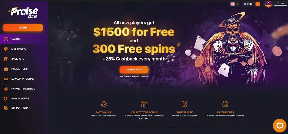 Claim welcome bonus with free spins at Praise Casino